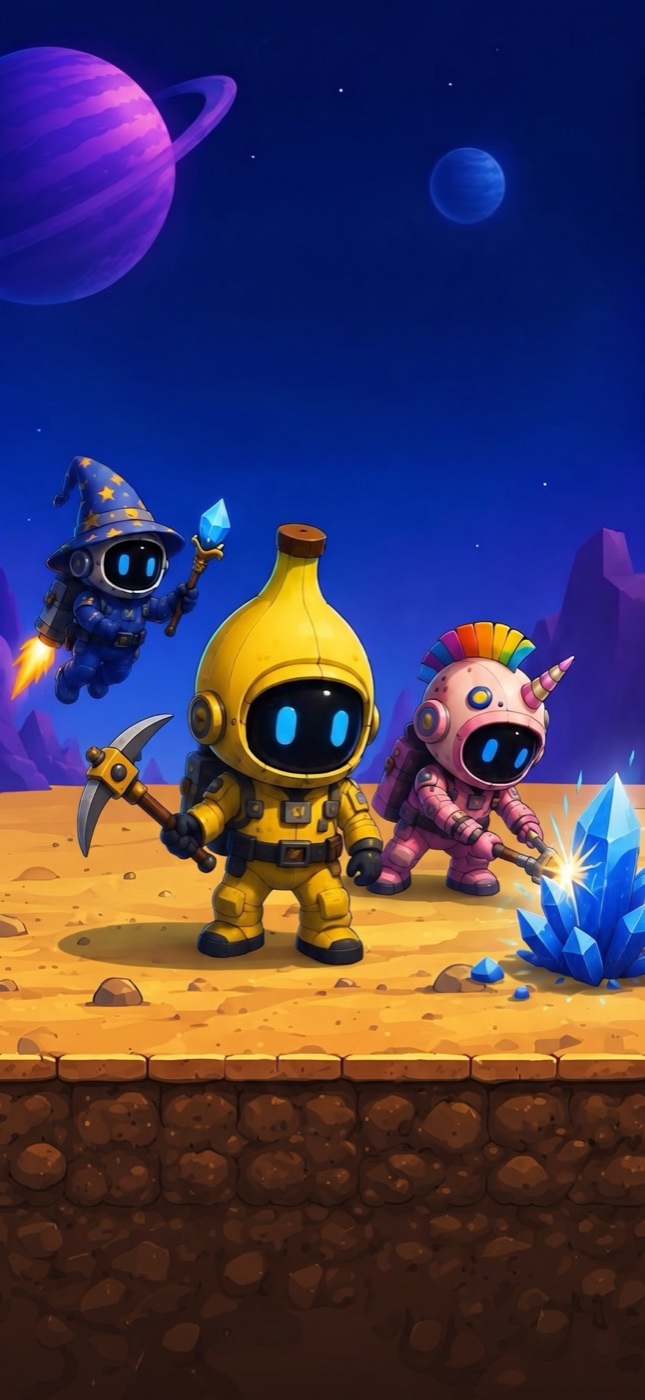 Three RoboDigs miners on the surface of an alien planet beside a cluster of blue crystal, a ringed planet in the sky above them
