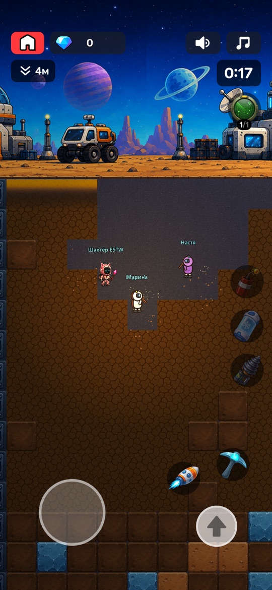 Gameplay: miners digging just below the surface, the planet's sky and base above them